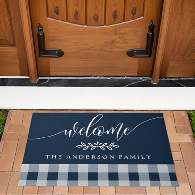 navy & white buffalo check welcome personalized doormat