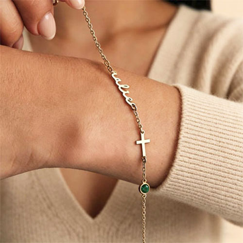 cross name bracelet birthstone