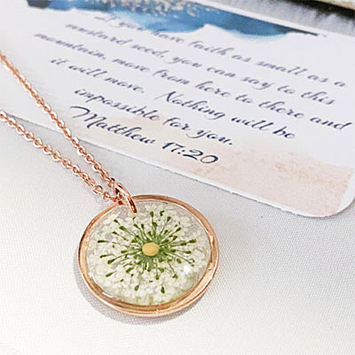 mustard seed necklace with babys breath