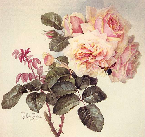 Paul de Longpré "Roses and Bumblebee" 1898