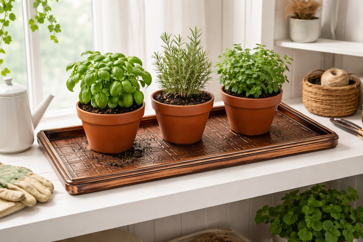 herb pots on boot tray